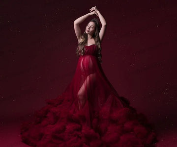 MQTIME  -  Red Tulle Maternity Dress for Photoshoot Off Shoulder Pregnancy Gown Christmas Fluffy Ruffled Robe Vestido Para Grávida